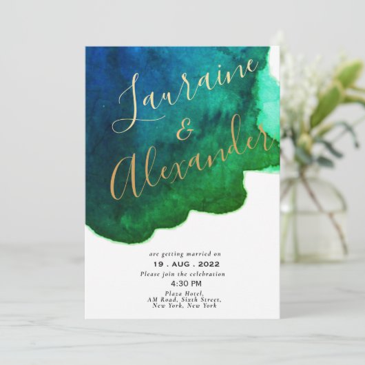 青と緑のインクウォーターのカラー抽象芸術スプラッシュ 招待状 (スタンド正面)