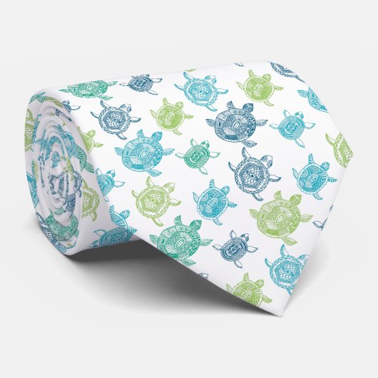 青と緑のウミガメのパターンタイ ネクタイ (ロール)