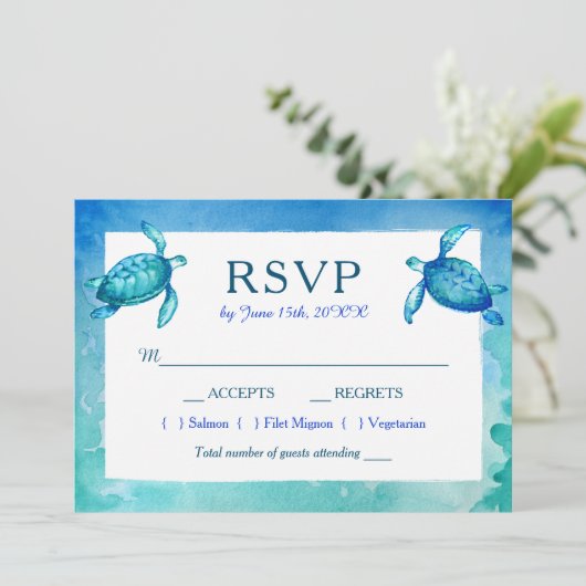 青と緑のカメの結婚式招待状の返信カード 招待状 (スタンド正面)