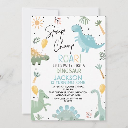 青と緑のキュートな写真恐竜テーマの誕生日 招待状 (正面)