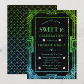 青と緑のグリッターアールデコフレーム甘い16 招待状 (正面/裏面)