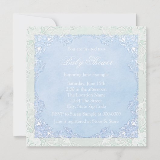 青と緑のコウノトリ赤ちゃんシャワー 招待状 (裏面)