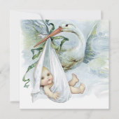 青と緑のコウノトリ赤ちゃんシャワー 招待状 (正面)