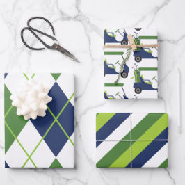 青と緑のゴルフアーガイルのストライプギフトラップシート ラッピングペーパーシート