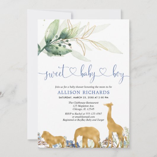 青と緑のサファリージャングルの男の子のシャワー 招待状 (正面)