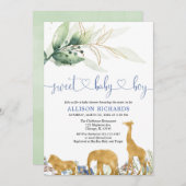 青と緑のサファリージャングルの男の子のシャワー 招待状 (正面/裏面)