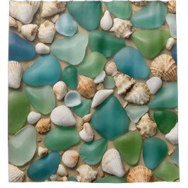 青と緑のシーガラスとシーシェル シャワーカーテン