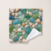 青と緑のシーガラスとシーシェル バスタオルセット (ウォッシュタオル)