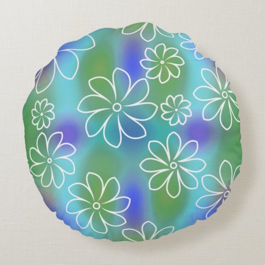 青と緑のシームレスな花柄の投薬 ラウンドクッション (裏面)