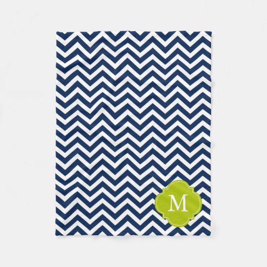 青と緑のジグザグパターンモノグラム フリースブランケット (正面)