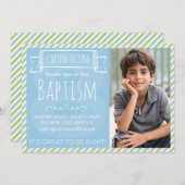 青と緑のストライプのLDS洗礼発表 招待状 (正面/裏面)