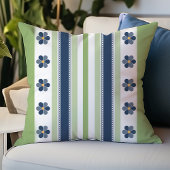 青と緑のストライプフローラ クッション