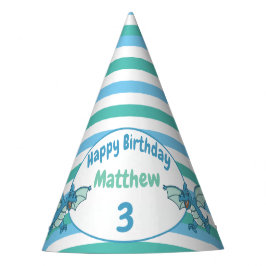 青と緑のストライプ恐竜とドラゴン パーティーハット