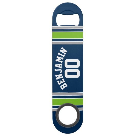 青と緑のスポーツジャージー名前をカスタムする番号 スピード栓抜き (裏面)