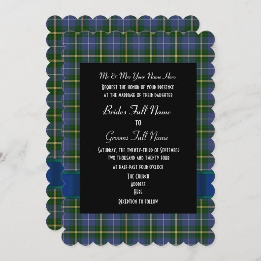 青と緑のタータンチェックのフォーマル結婚格子模様 招待状 (正面/裏面)