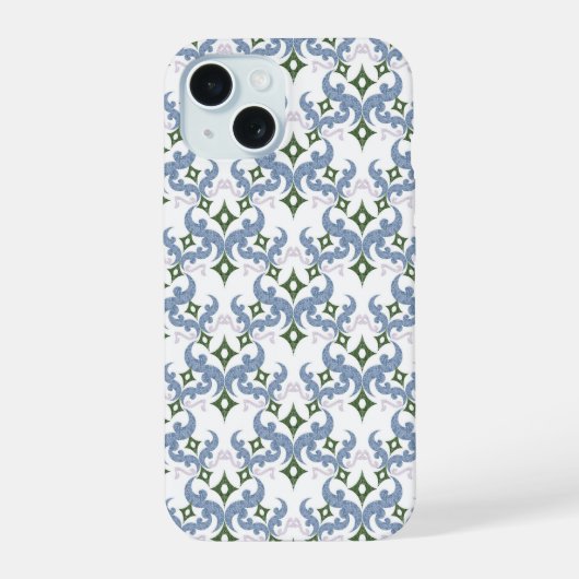 青と緑のダマスク模様の装飾点描画 iPhone 15ケース (裏面)