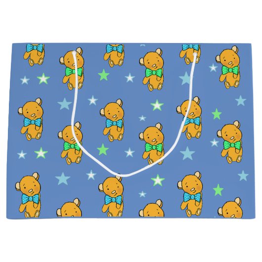 青と緑のテディベア星ベビーシャワー ラージペーパーバッグ (正面)