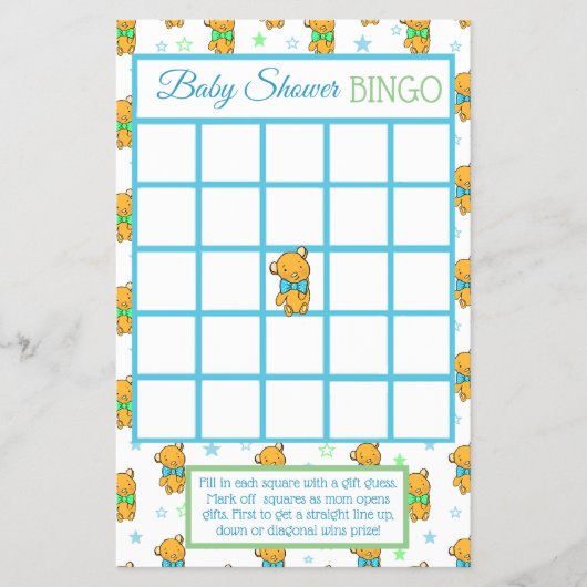 青と緑のテディベア男の子のシャワーゲーム チラシ (正面)