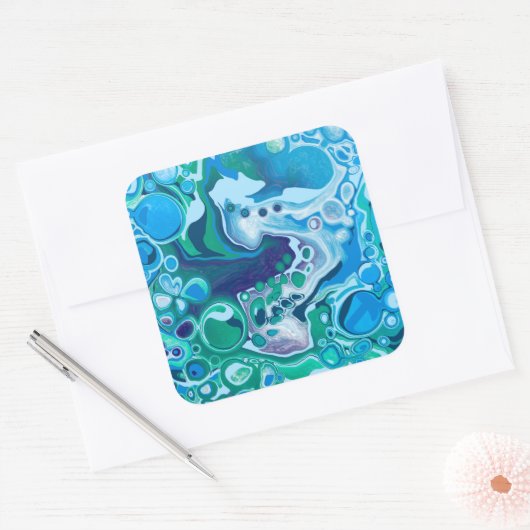 青と緑のデジタル大理石の流体アート スクエアシール (封筒)