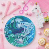 青と緑のデジタル大理石の流体アート ペーパープレート (パーティー)