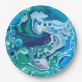 青と緑のデジタル大理石の流体アート ペーパープレート (正面)