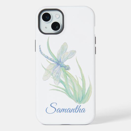 青と緑のトンボのオリジナル水彩画 iPhoneケース (裏面)