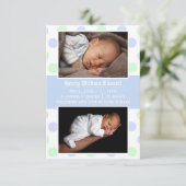 青と緑のドット2枚の写真 – 3x5誕生のお知らせ 案内状 (スタンド正面)