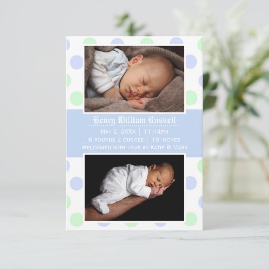 青と緑のドット2枚の写真 – 3x5誕生のお知らせ 案内状 (スタンド正面)