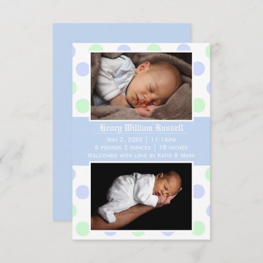 青と緑のドット2枚の写真 – 3x5誕生のお知らせ 案内状 (正面/裏面)