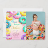 青と緑のドーナツの誕生日写真 招待状 (正面)