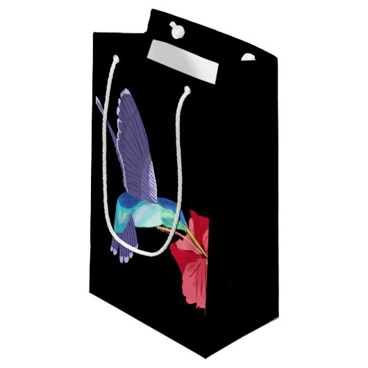 青と緑のハミングバードと赤のハイビスカス スモールペーパーバッグ (正面アングル)