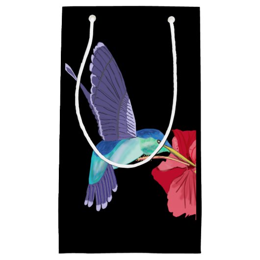 青と緑のハミングバードと赤のハイビスカス スモールペーパーバッグ (正面)