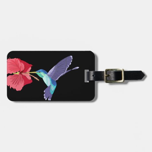 青と緑のハミングバードと赤のハイビスカス ラゲッジタグ (正面横)