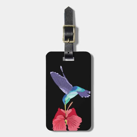 青と緑のハミングバードと赤のハイビスカス ラゲッジタグ (正面縦)