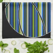 青と緑のバスケッストライプのトボールデザインオンブラック キッチンタオル (折り畳み)