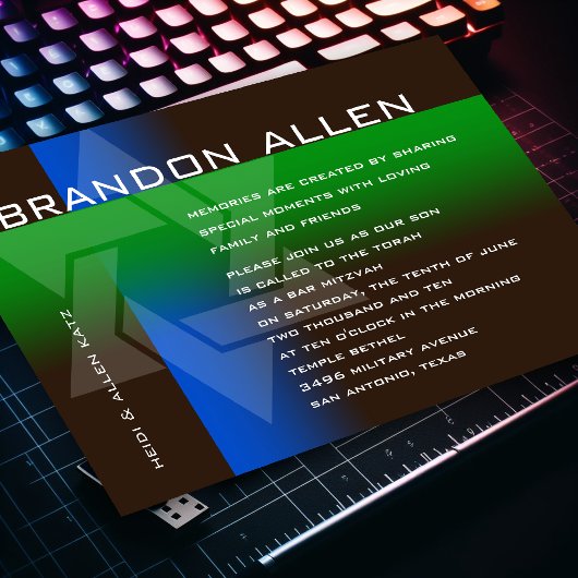 青と緑のバーミッツヴァー(あらゆる色に) 招待状