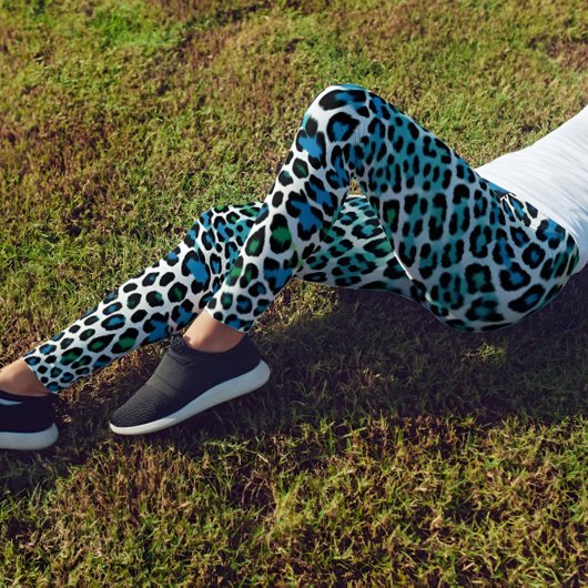 青と緑のヒョウ柄レギンスハイウェストカプリ レギンス