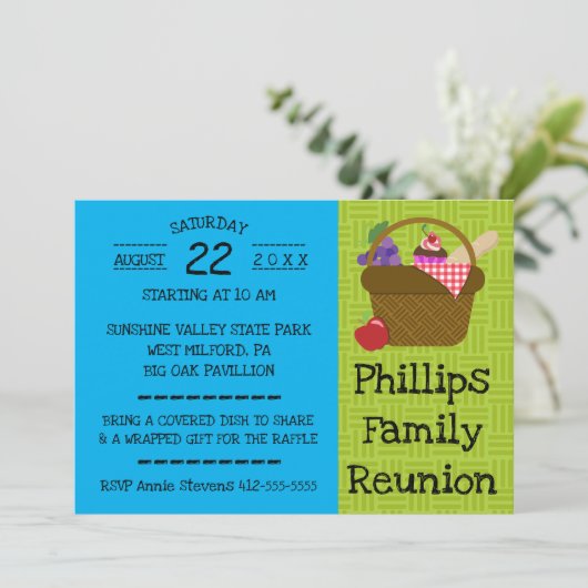 青と緑のピクニックバスケットファミリー懇親会 招待状 (スタンド正面)