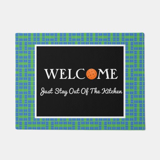 青と緑のピックボールコート、オレンジボール ドアマット (正面)