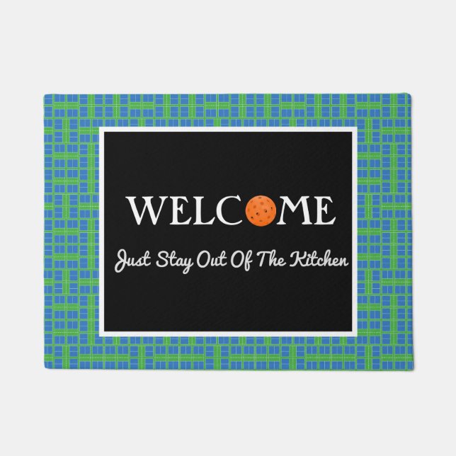 青と緑のピックボールコート、オレンジボール ドアマット (正面)