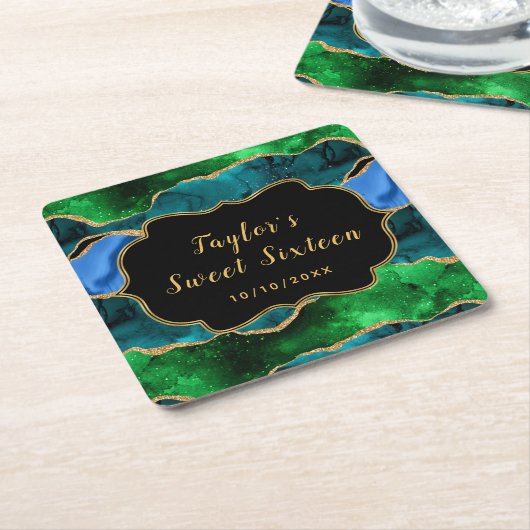 青と緑のピーコックアゲートSweet sixteen スクエアペーパーコースター (アングル)