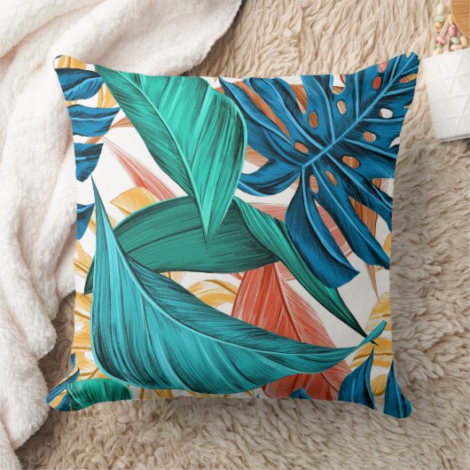 青と緑のファーンモダンリーフのパタコンテンポラリーーン クッション (ブランケット)
