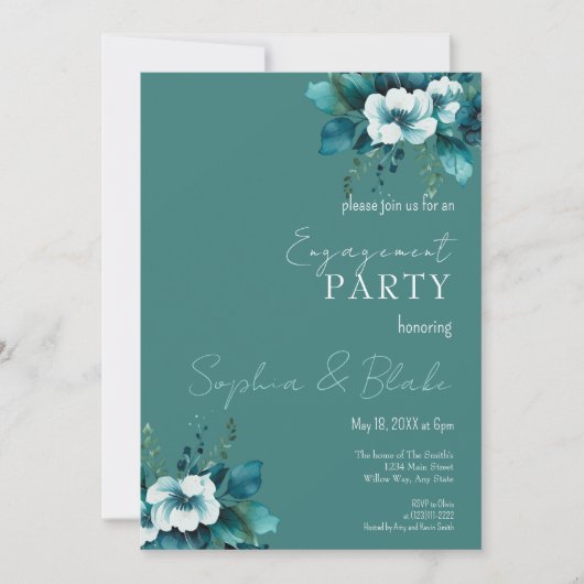 青と緑のフローラダークグリーン婚約パーティ 招待状 (正面)