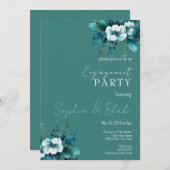 青と緑のフローラダークグリーン婚約パーティ 招待状 (正面/裏面)