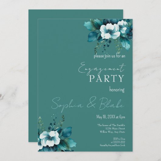 青と緑のフローラダークグリーン婚約パーティ 招待状 (正面/裏面)