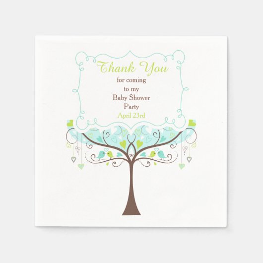 青と緑のフローラバードベイビーシャワーありがとう スタンダードカクテルナプキン (正面)