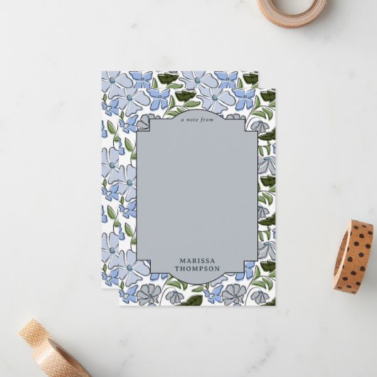 青と緑のフローラブロックプリントボーイ誕生日 ノートカード (正面/裏面インサイチュ)