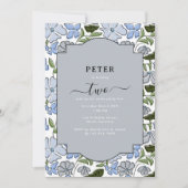 青と緑のフローラブロックプリントボーイ誕生日 招待状 (正面)