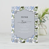 青と緑のフローラブロックプリントボーイ誕生日 招待状 (スタンド正面)