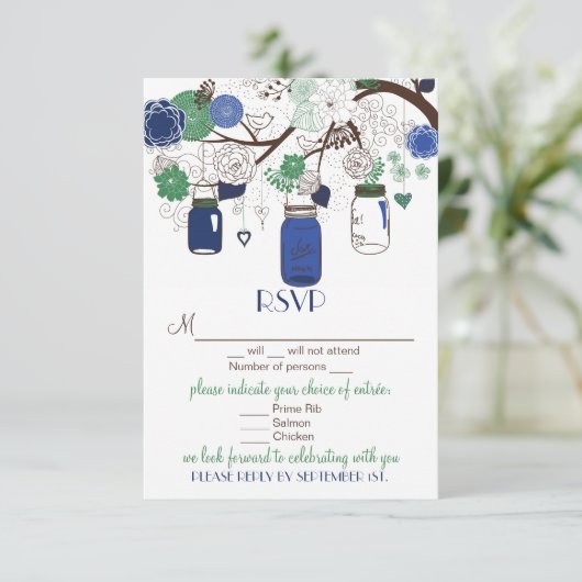 青と緑のフローラメイソンJars RSVPの結婚カード 出欠カード (スタンド正面)